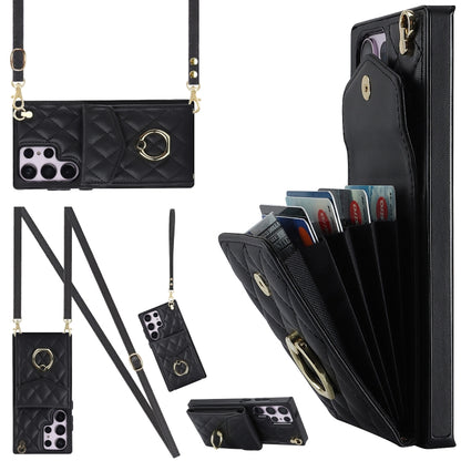 Rhombic Texture Card Bag Phone Case with Long Lanyard