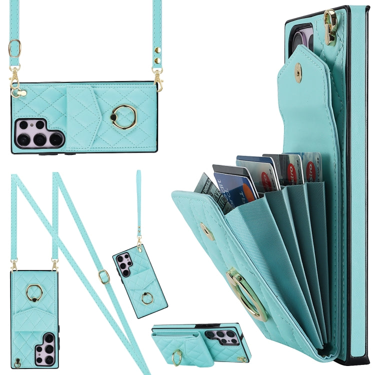 Rhombic Texture Card Bag Phone Case with Long Lanyard
