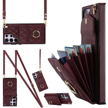 Rhombic Texture Card Bag Phone Case with Long Lanyard