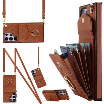 Rhombic Texture Card Bag Phone Case with Long Lanyard