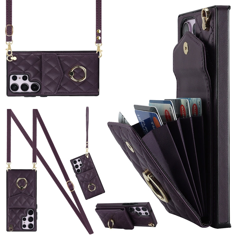 Rhombic Texture Card Bag Phone Case with Long Lanyard