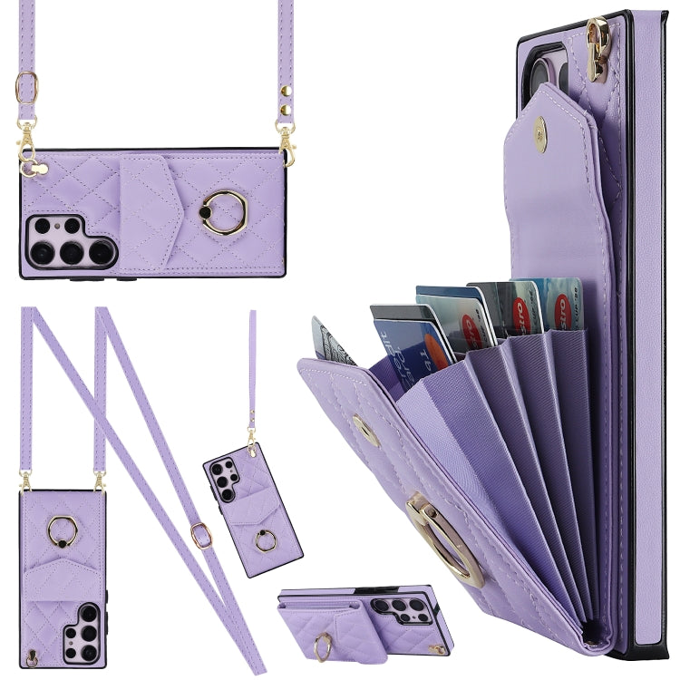 Rhombic Texture Card Bag Phone Case with Long Lanyard