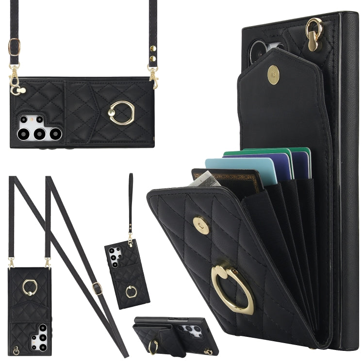 Rhombic Texture Card Bag Phone Case with Long Lanyard