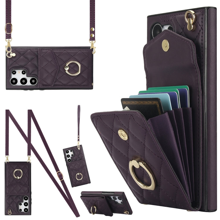 Rhombic Texture Card Bag Phone Case with Long Lanyard