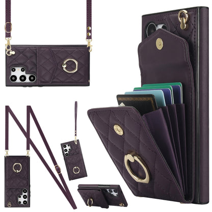 Rhombic Texture Card Bag Phone Case with Long Lanyard