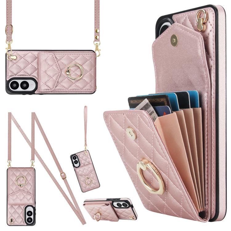 Rhombic Texture Card Bag Phone Case with Long Lanyard