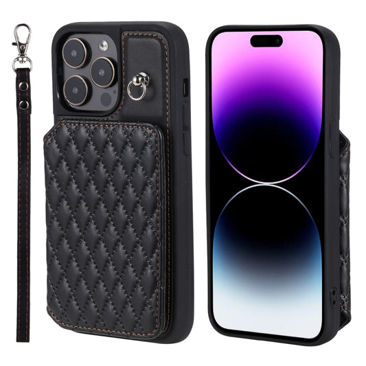 Grid Texture Card Bag Phone Case with Lanyard