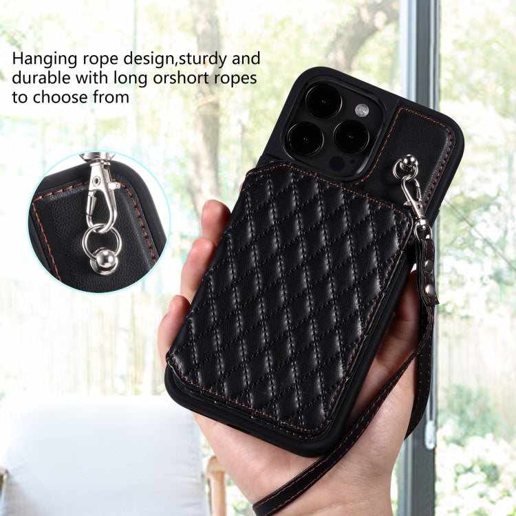 Grid Texture Card Bag Phone Case with Lanyard