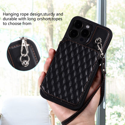 Grid Texture Card Bag Phone Case with Lanyard