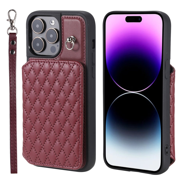 Grid Texture Card Bag Phone Case with Lanyard