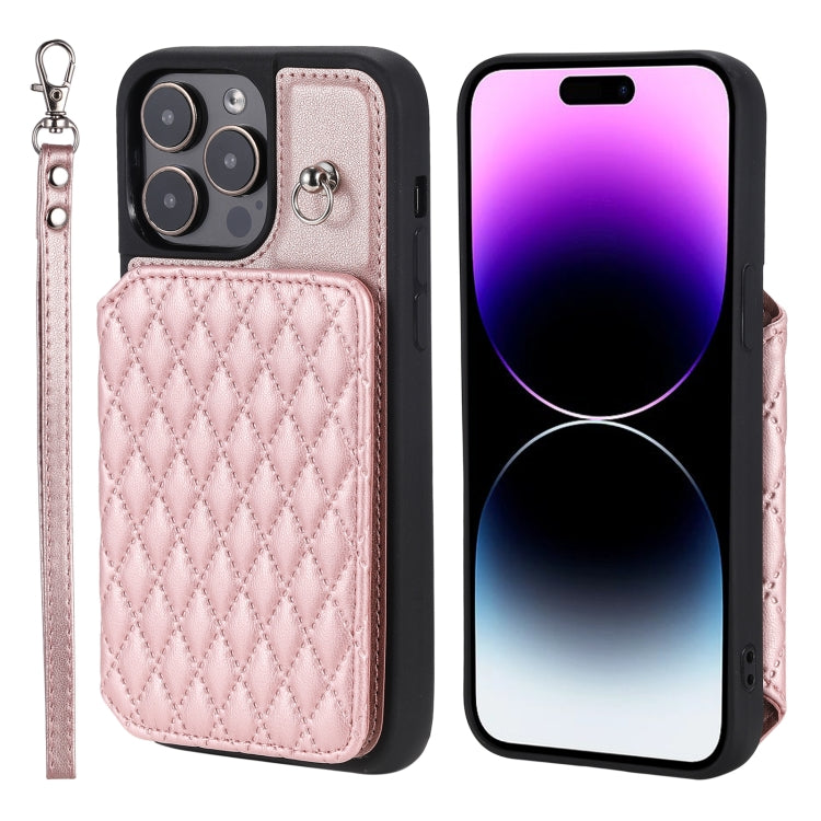 Grid Texture Card Bag Phone Case with Lanyard