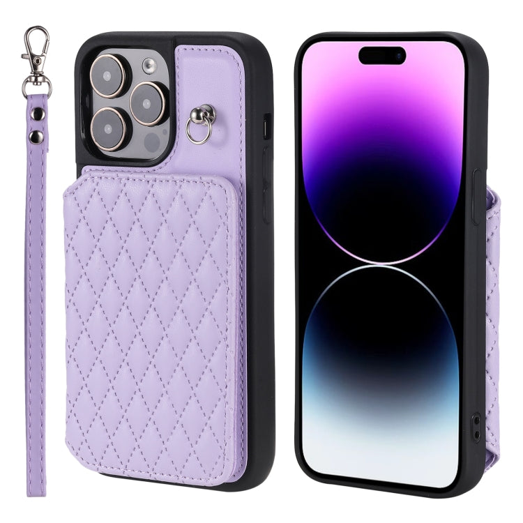 Grid Texture Card Bag Phone Case with Lanyard