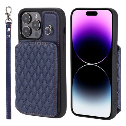 Grid Texture Card Bag Phone Case with Lanyard