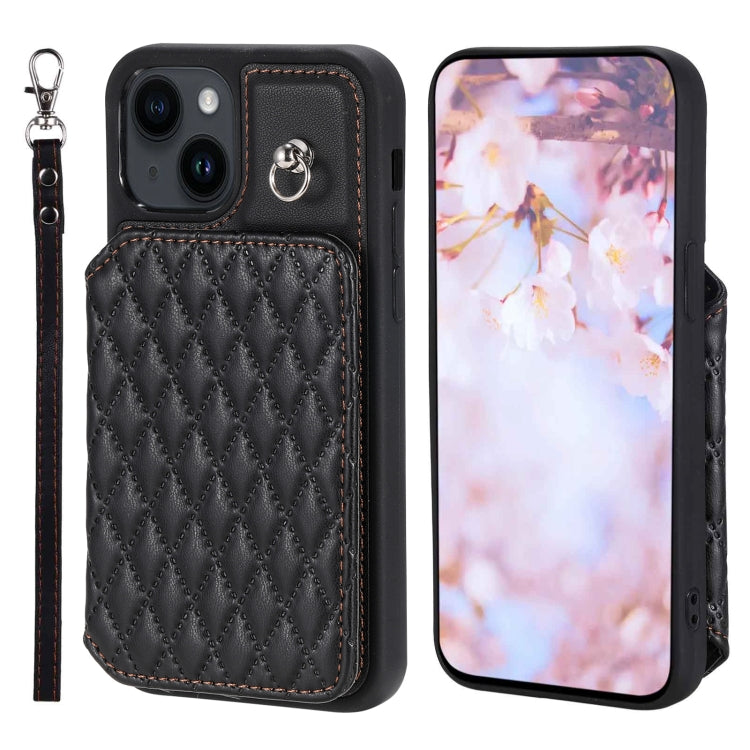 Grid Texture Card Bag Phone Case with Lanyard