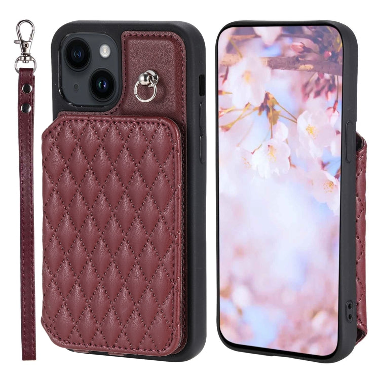 Grid Texture Card Bag Phone Case with Lanyard