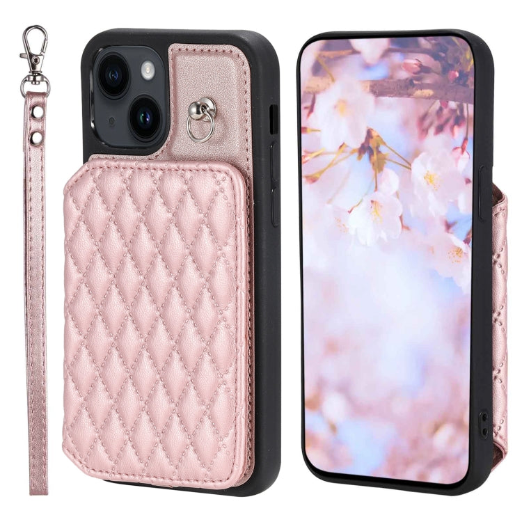 Grid Texture Card Bag Phone Case with Lanyard