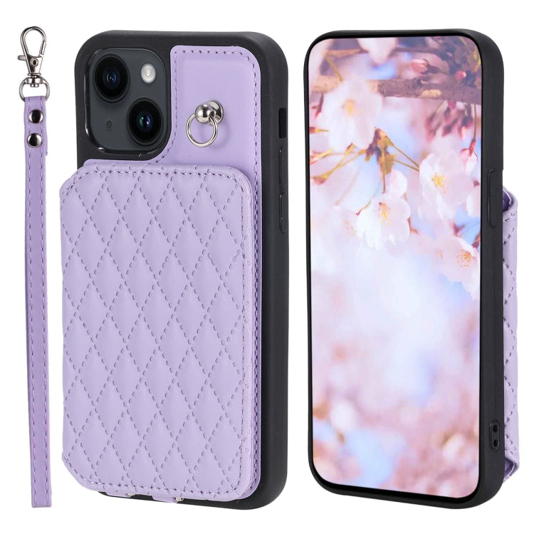 Grid Texture Card Bag Phone Case with Lanyard