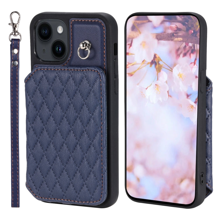 Grid Texture Card Bag Phone Case with Lanyard