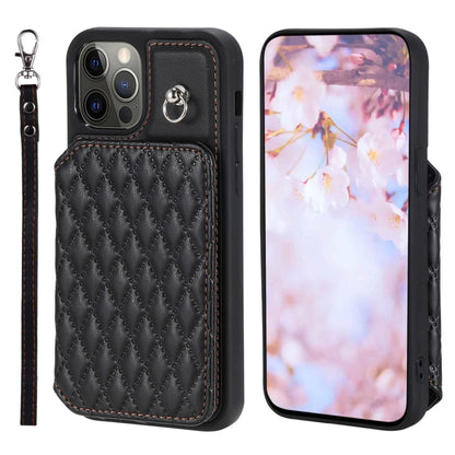 Grid Texture Card Bag Phone Case with Lanyard