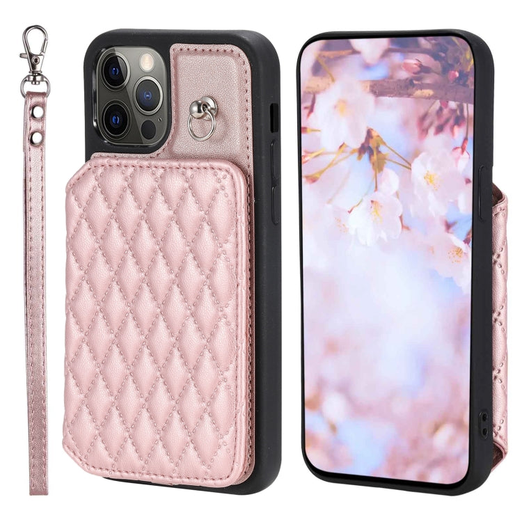 Grid Texture Card Bag Phone Case with Lanyard