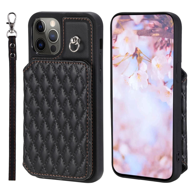 Grid Texture Card Bag Phone Case with Lanyard