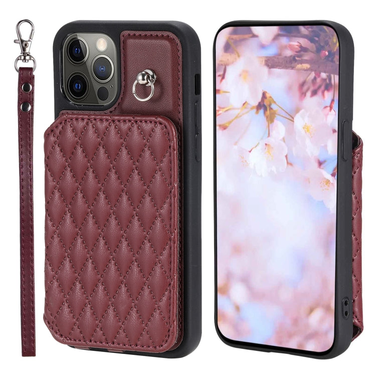 Grid Texture Card Bag Phone Case with Lanyard