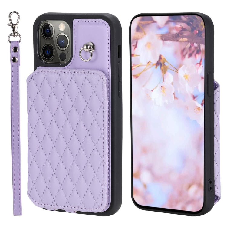 Grid Texture Card Bag Phone Case with Lanyard