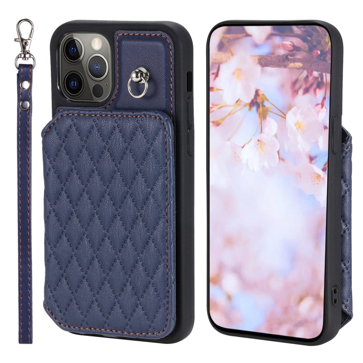 Grid Texture Card Bag Phone Case with Lanyard