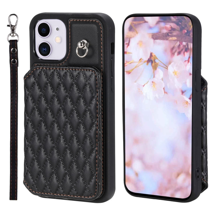 Grid Texture Card Bag Phone Case with Lanyard