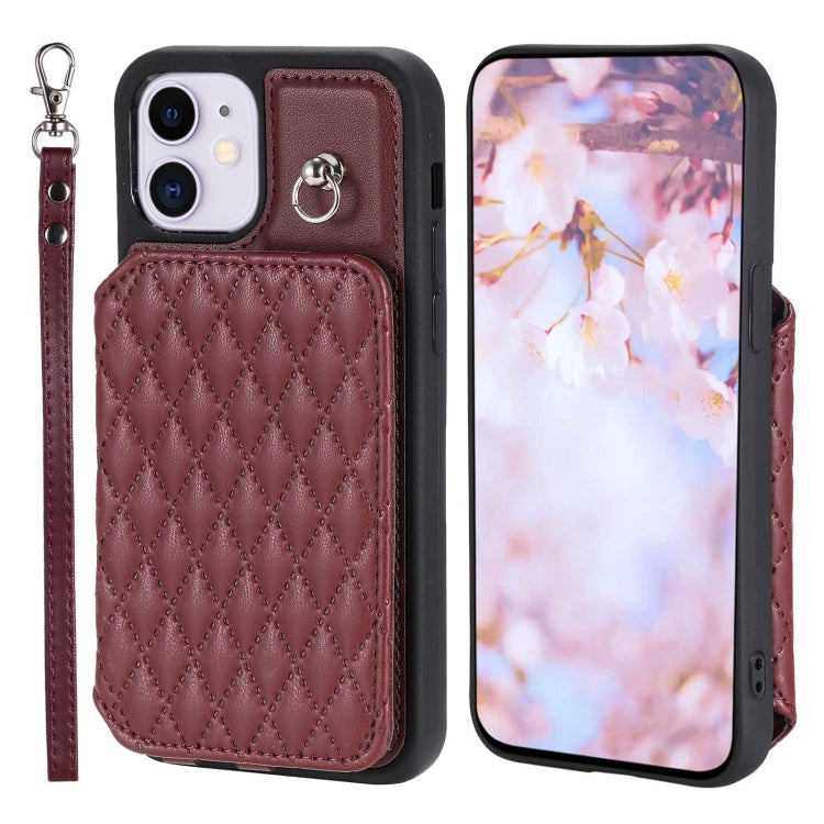 Grid Texture Card Bag Phone Case with Lanyard