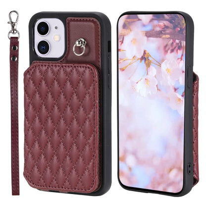 Grid Texture Card Bag Phone Case with Lanyard
