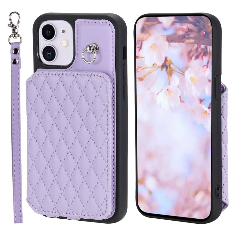 Grid Texture Card Bag Phone Case with Lanyard