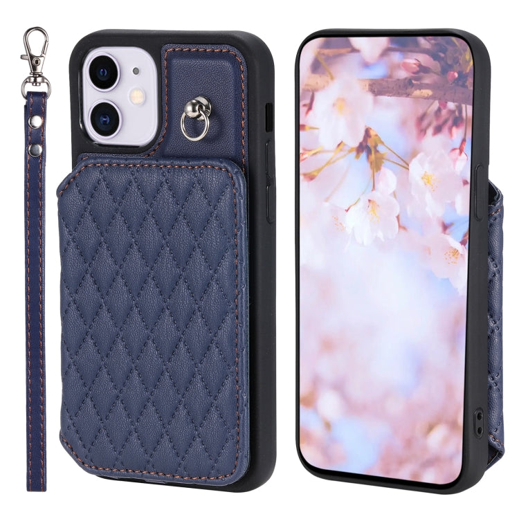Grid Texture Card Bag Phone Case with Lanyard