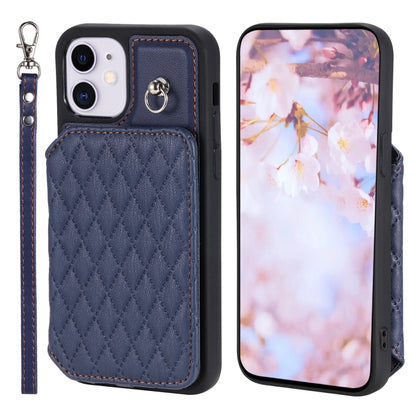 Grid Texture Card Bag Phone Case with Lanyard
