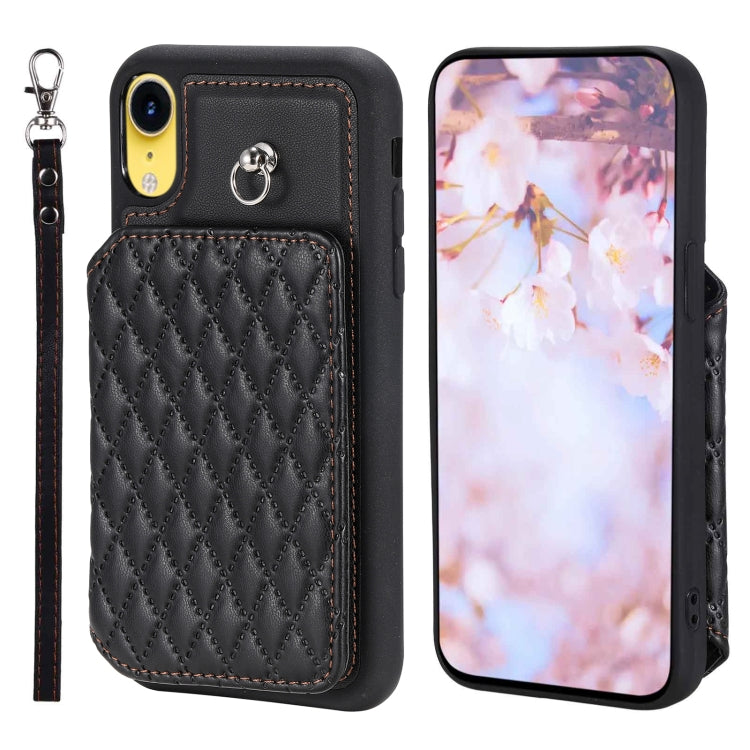 Grid Texture Card Bag Phone Case with Lanyard