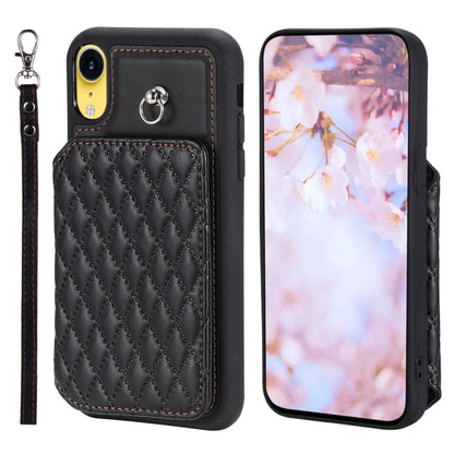 Grid Texture Card Bag Phone Case with Lanyard