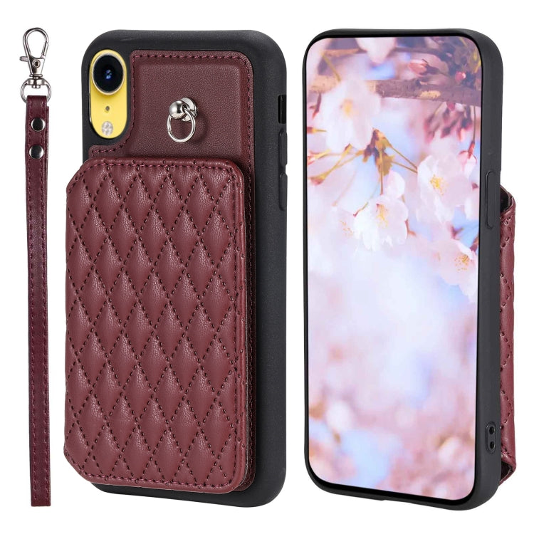 Grid Texture Card Bag Phone Case with Lanyard