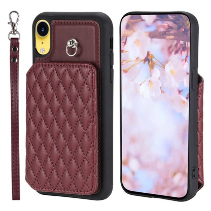 Grid Texture Card Bag Phone Case with Lanyard