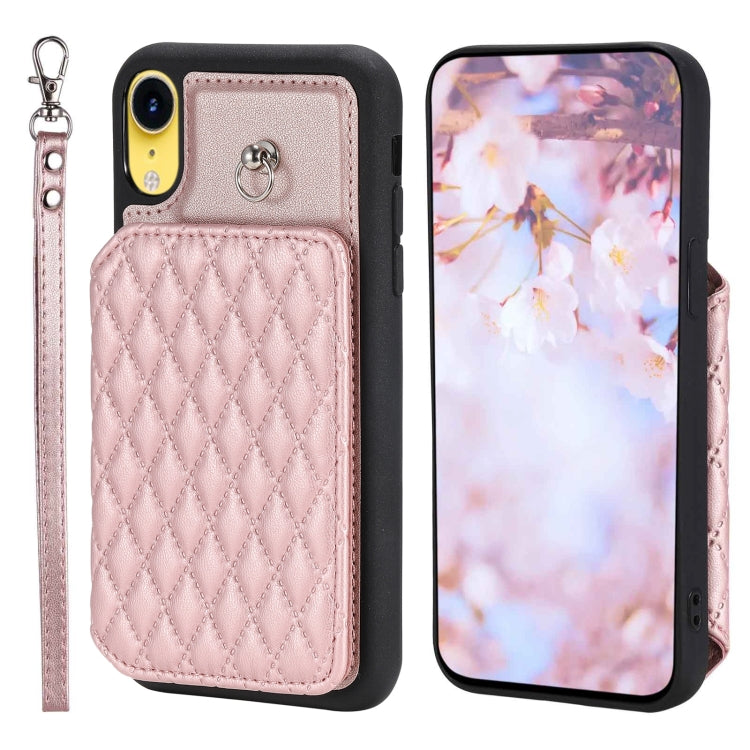 Grid Texture Card Bag Phone Case with Lanyard