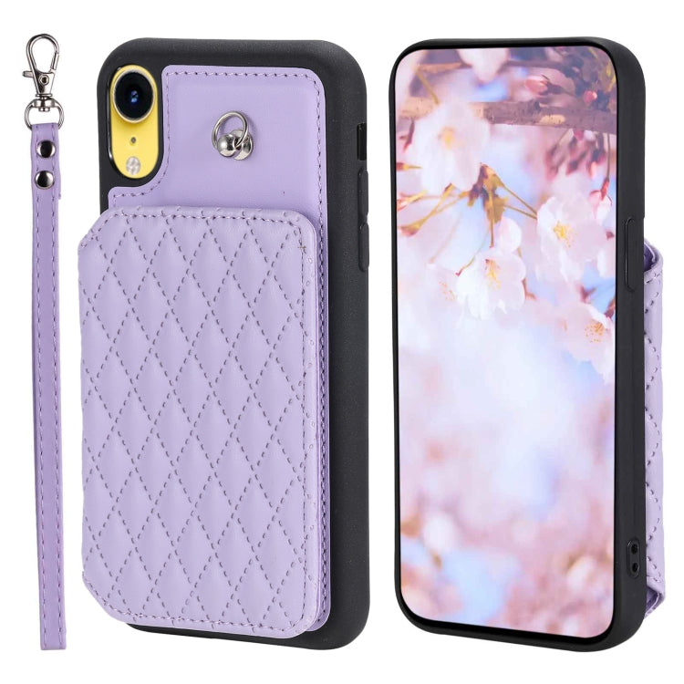Grid Texture Card Bag Phone Case with Lanyard