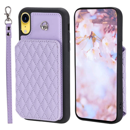 Grid Texture Card Bag Phone Case with Lanyard