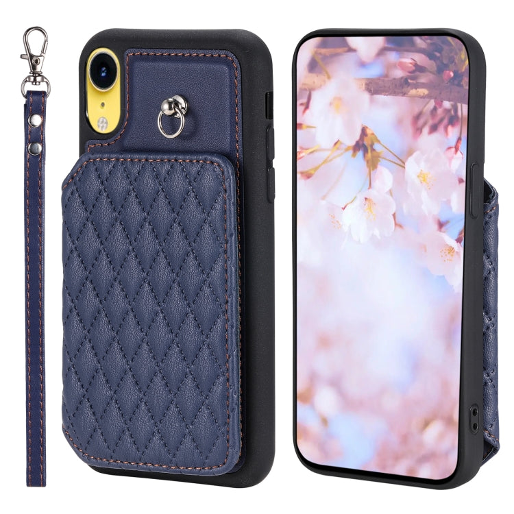 Grid Texture Card Bag Phone Case with Lanyard