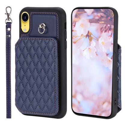 Grid Texture Card Bag Phone Case with Lanyard