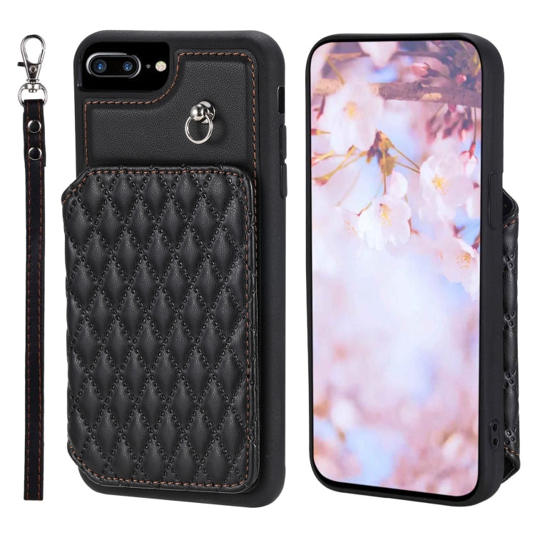 Grid Texture Card Bag Phone Case with Lanyard