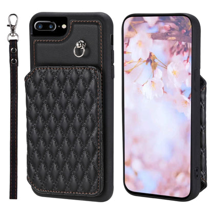 Grid Texture Card Bag Phone Case with Lanyard