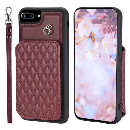 Grid Texture Card Bag Phone Case with Lanyard