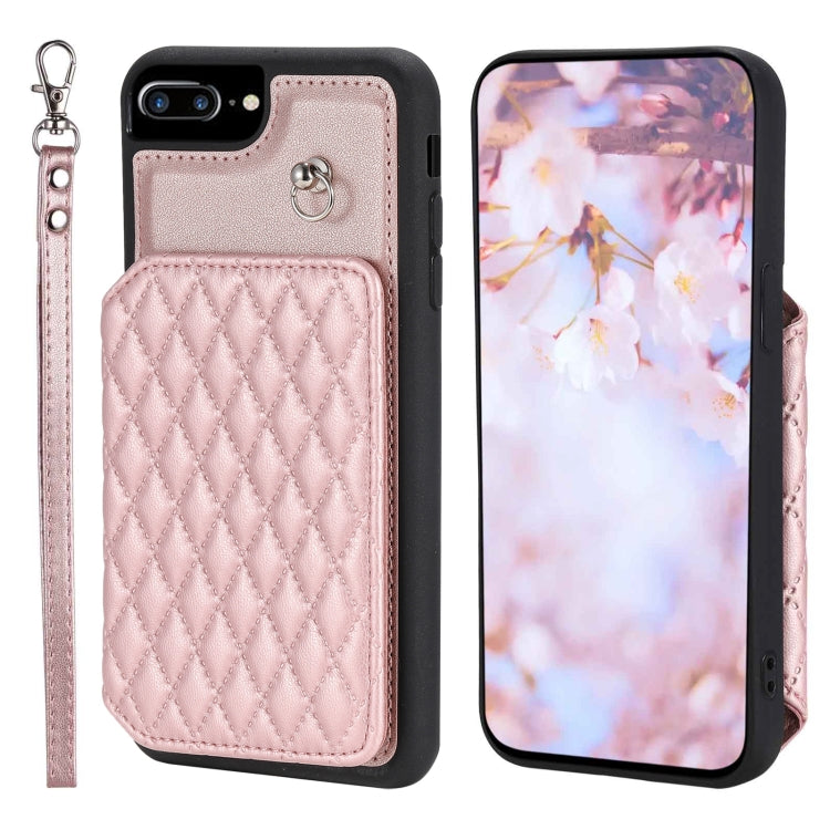 Grid Texture Card Bag Phone Case with Lanyard