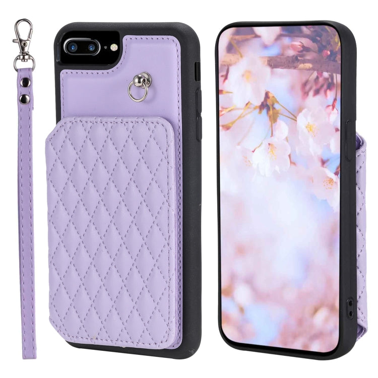 Grid Texture Card Bag Phone Case with Lanyard