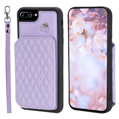 Grid Texture Card Bag Phone Case with Lanyard