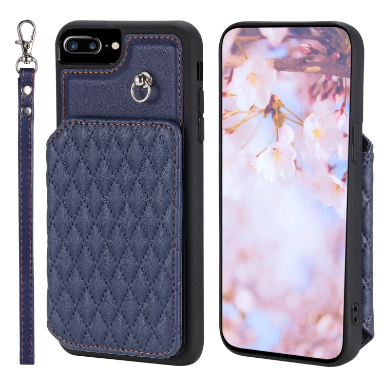 Grid Texture Card Bag Phone Case with Lanyard